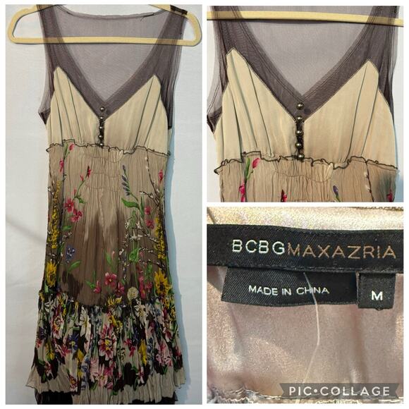 BCBGMaxAzria Dresses & Skirts - BCBGMaxazria Silk Tulle Dress Womens Medium Brown Floral Chiffon Sheer Trim